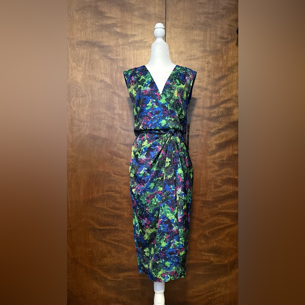 Adrianna Papell Sleeveless Satin Sheath Dress Womens 2 Green Floral Midi Wedding